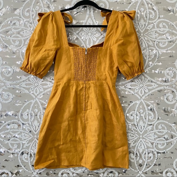 REFORMATION Yellow Ochre Spring Bow Sleeve Linen Mini Dress 2 - Picture 10 of 12
